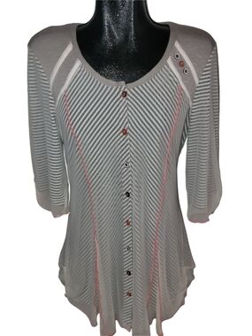 Zoe Women's Gray Striped Button-Front Cropped Sleeve Top Size S